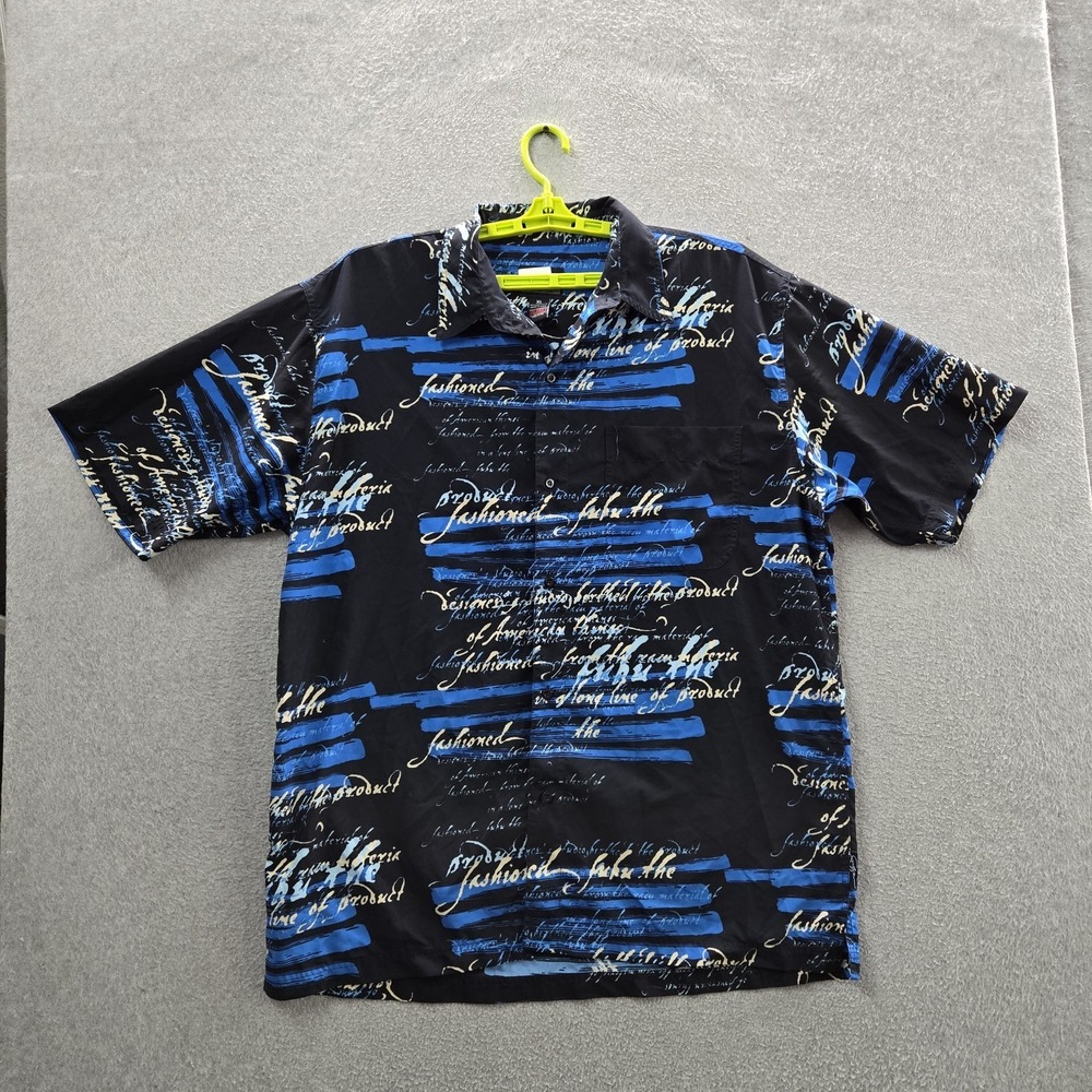 VINTAGE FUBU Men Button Up Shirt XL Black Y2K Script Text Casual Hawaiian
